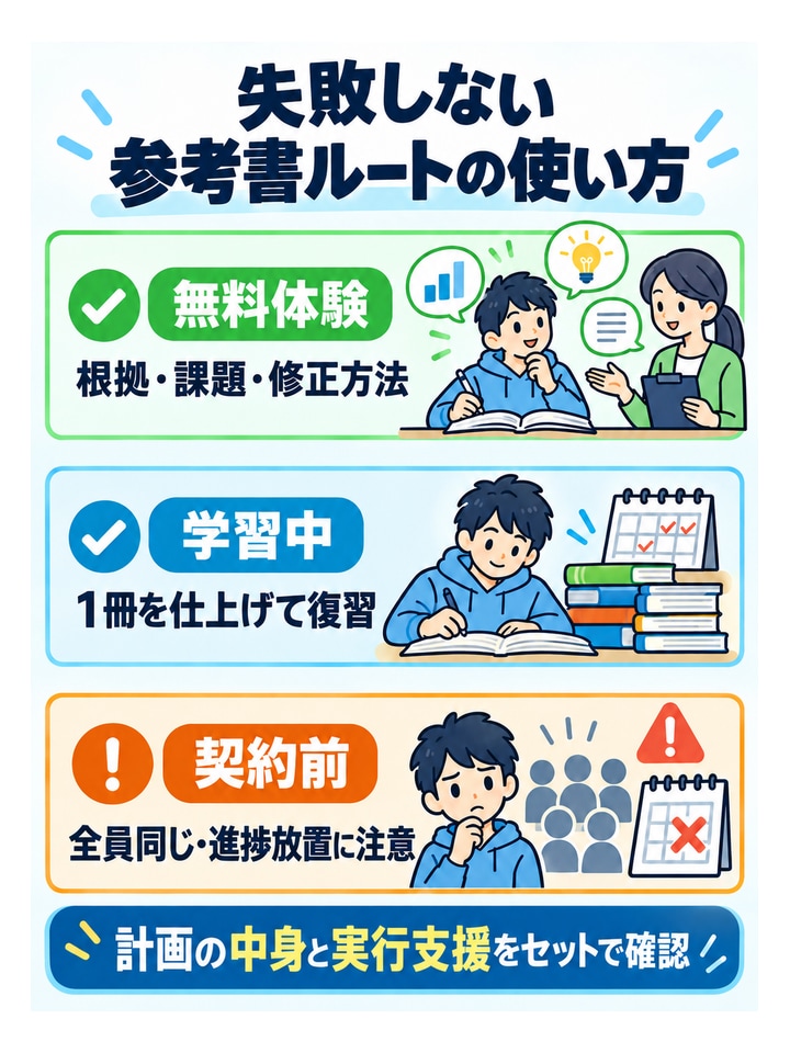失敗しない参考書ルートの使い方。無料体験｜根拠・課題・修正方法、学習中｜1冊を仕上げて復習、契約前｜全員同じ・進捗放置に注意