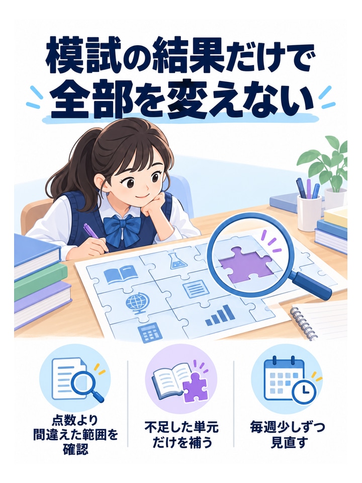 模試の結果だけで全部を変えない。点数より間違えた範囲を確認、不足した単元だけを補う、毎週少しずつ見直す