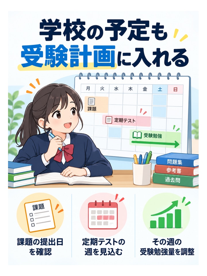 学校の予定も受験計画に入れる。課題の提出日を確認、定期テストの週を見込む、その週の受験勉強量を調整