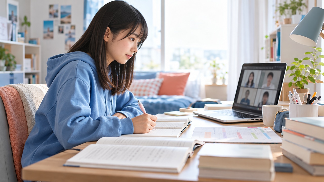 自宅で参考書と学習計画表を使い、オンラインで学習を進める高校生のイメージ写真。