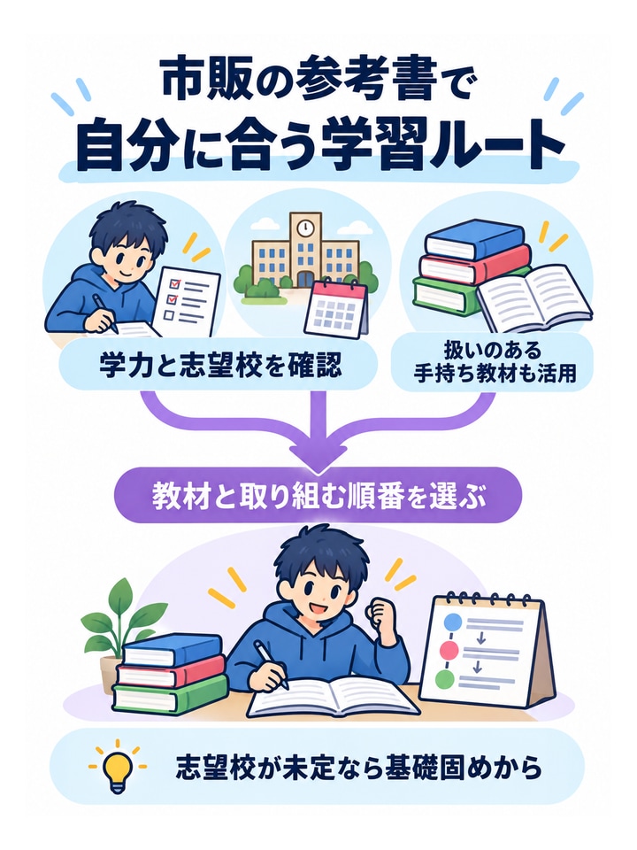 市販の参考書で自分に合う学習ルート。学力と志望校を確認、教材と取り組む順番を選ぶ、扱いのある手持ち教材も活用