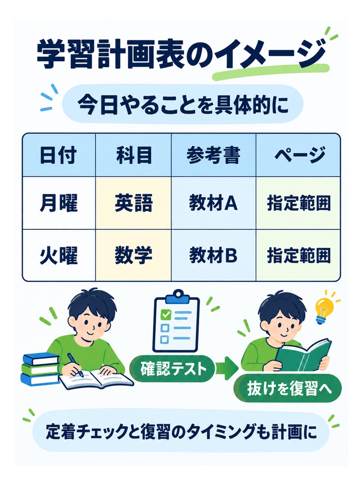 学習計画表のイメージ今日やることを具体的に。日付｜科目｜参考書｜ページ、月曜｜英語｜教材A｜指定範囲、火曜｜数学｜教材B｜指定範囲、確認テスト → 抜けを復習へ