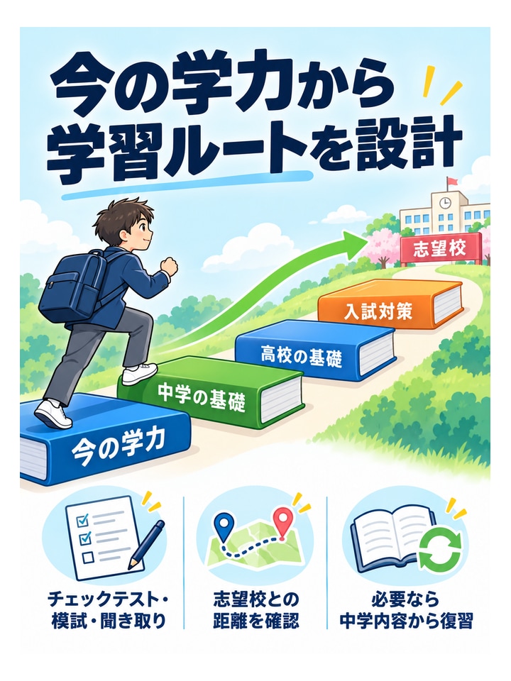 今の学力から学習ルートを設計。チェックテスト・模試・聞き取り、志望校との距離を確認、必要なら中学内容から復習