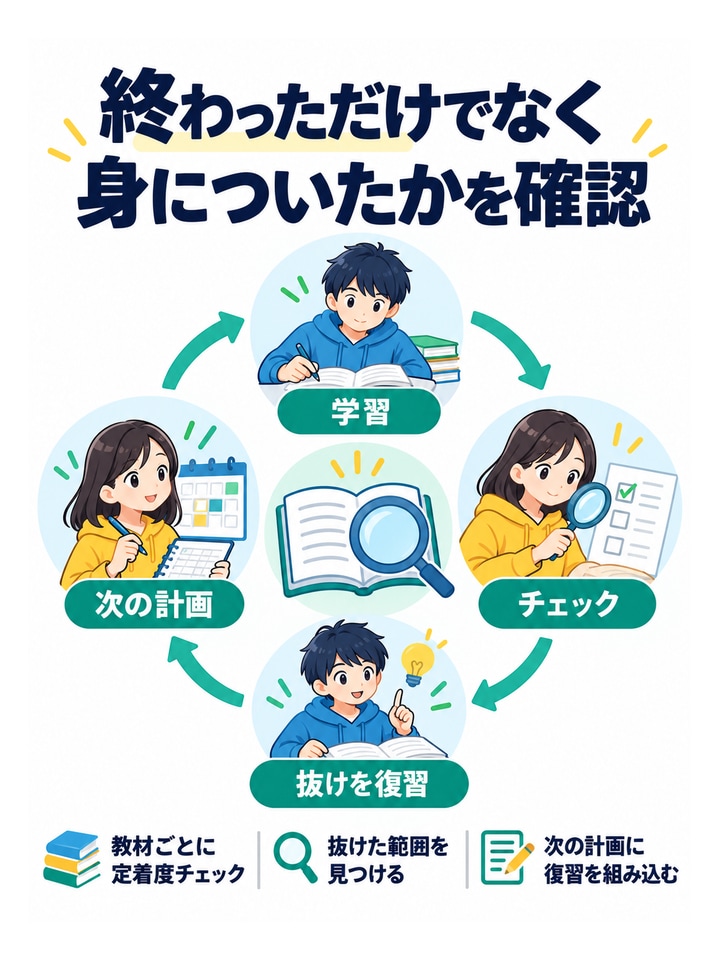 終わっただけでなく身についたかを確認。教材ごとに定着度チェック、抜けた範囲を見つける、次の計画に復習を組み込む