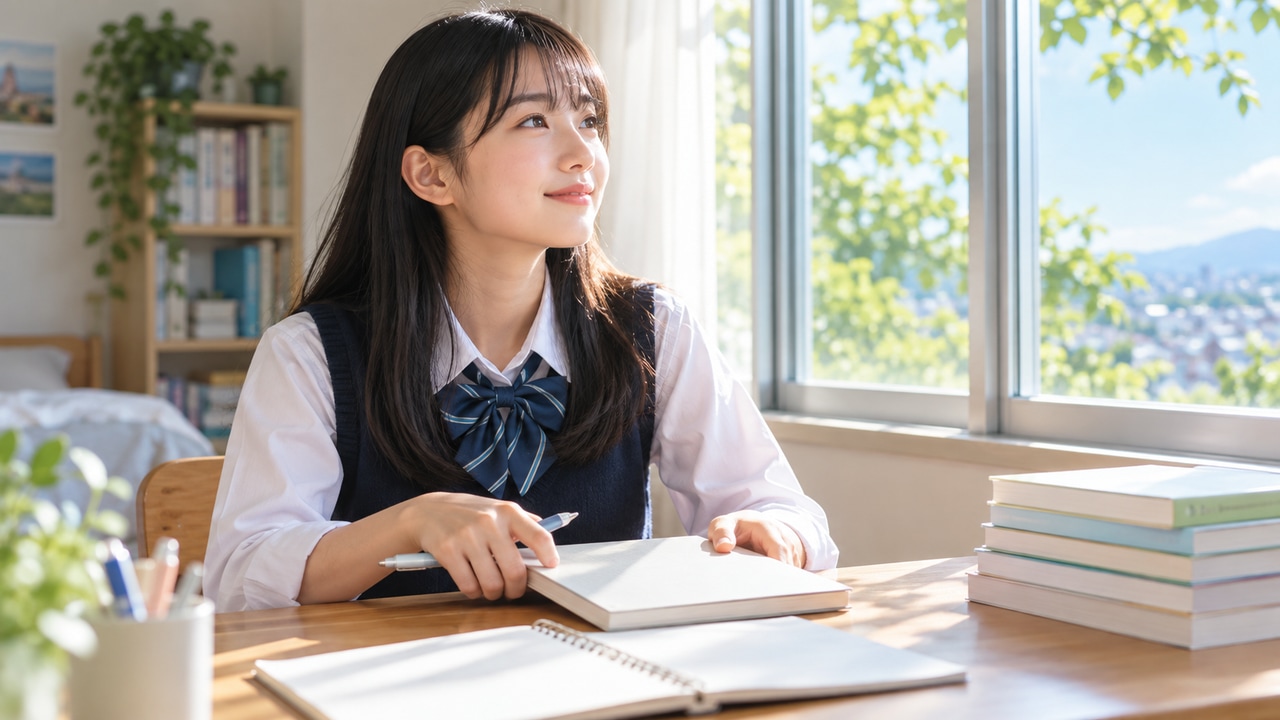 学習を終えた参考書と計画表を机に置き、次の学習に向けて落ち着いて考える高校生のイメージ写真。