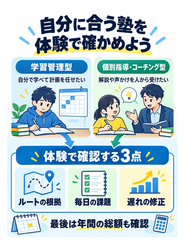 自分に合う塾を体験で確かめよう。学習管理型、自分で学べて計画を任せたい、個別指導・コーチング型、解説や声かけを人から受けたい、体験で確認する3点、ルートの根拠・毎日の課題・遅れの修正